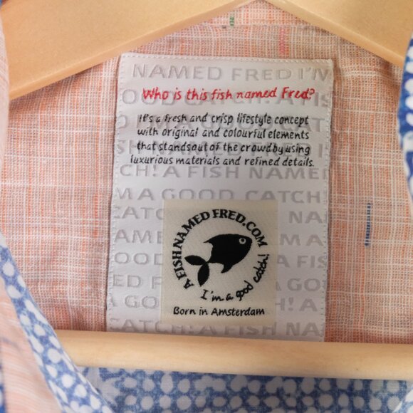 A Fish Name Fred Shirt Mens Medium Blue White Dot Geometric Button Up - Picture 8 of 11